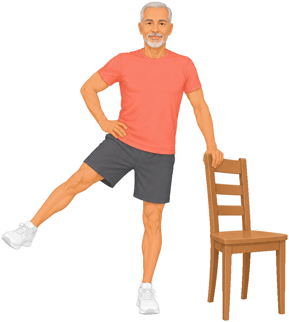 Exercice : renforcement de la jambe avec appui sur une chaise.